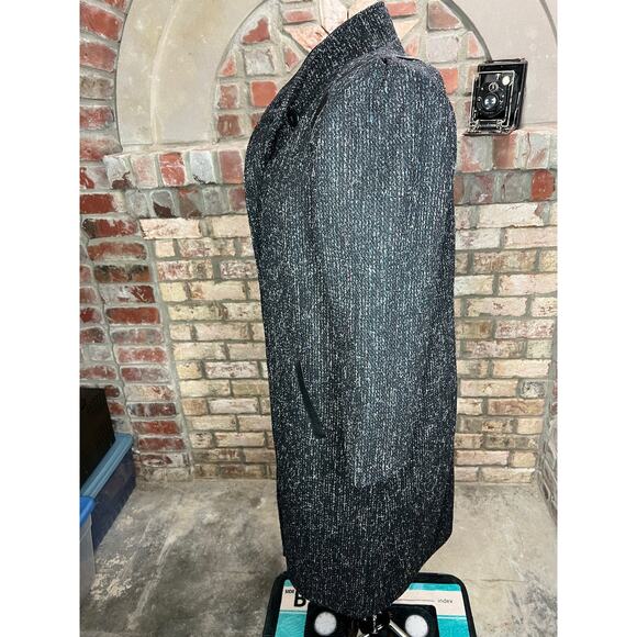 Coat wool charcoal teal pink blue high neck leather trim - Picture 9 of 14